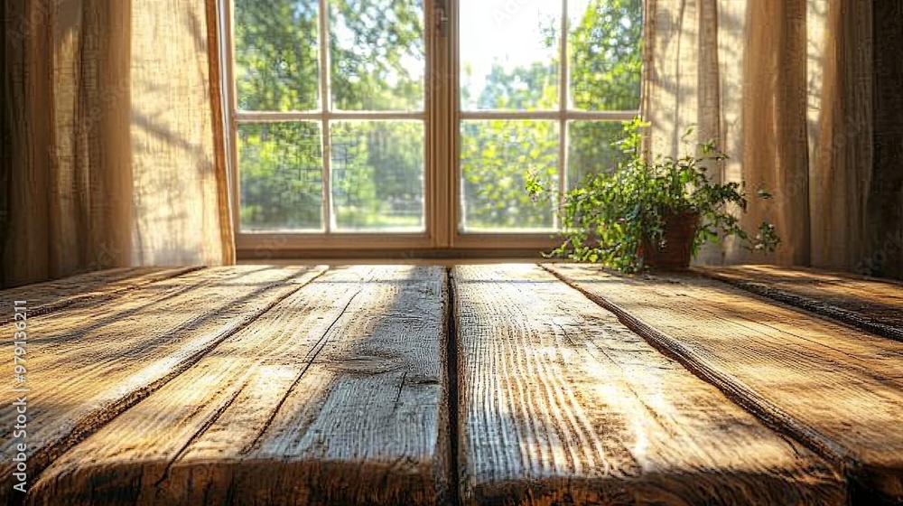 Rustic wooden table top with soft curtain window background in warm natural light Rustic wooden table top with soft curtain window background in warm natural light
