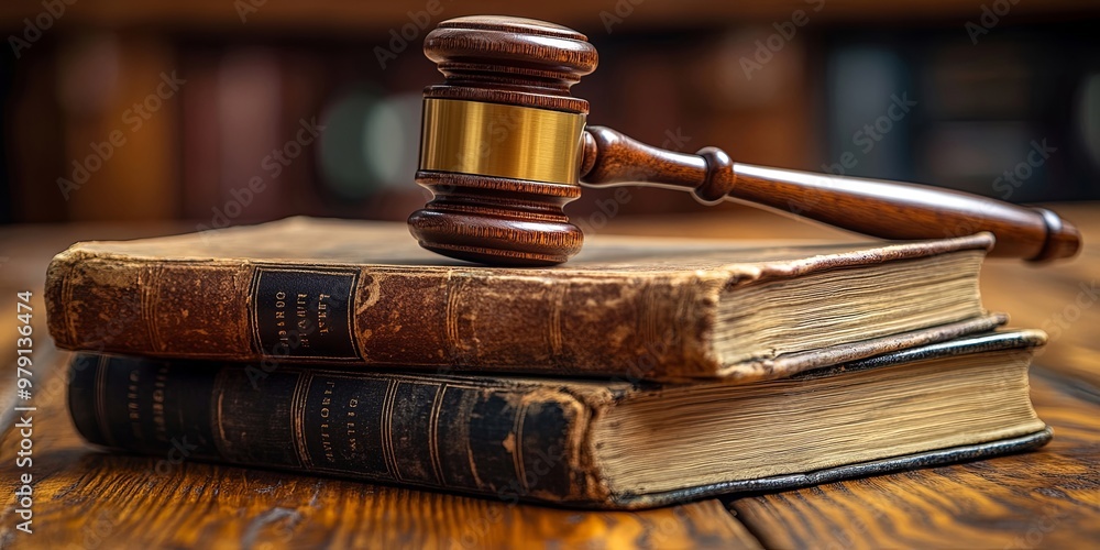 Wooden judge gavel resting on top of a stack of law books for courtroom concept Wooden judge gavel resting on top of a stack of law books for courtroom concept