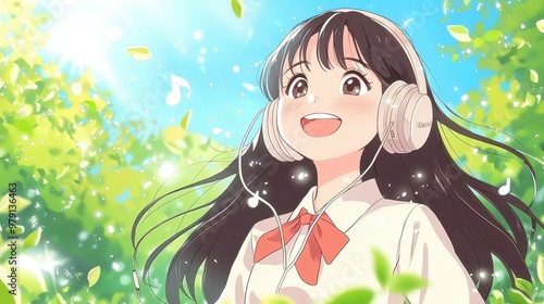 Happy Anime Girl Listening to Music Outdoors with Headphones