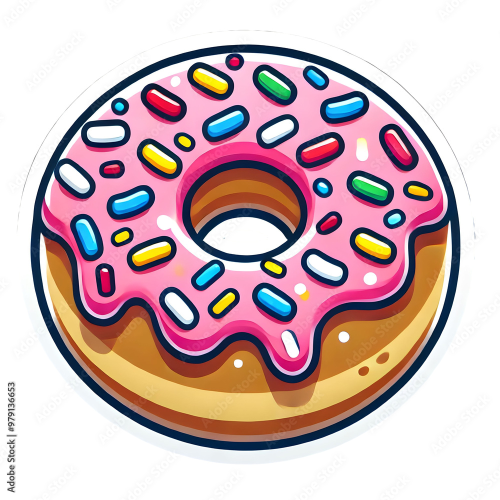 Clip Art Style Illustration of a Classic Doughnut with Pink Icing and Colorful Sprinkles Clip Art Style Illustration of a Classic Doughnut with Pink Icing and Colorful Sprinkles