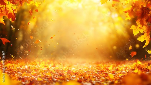 Autumn Leaves Falling on Ground with Sunlight Shining Through Branches