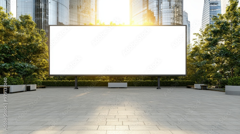 Fototapeta premium Blank Billboard in City Park with Modern Buildings