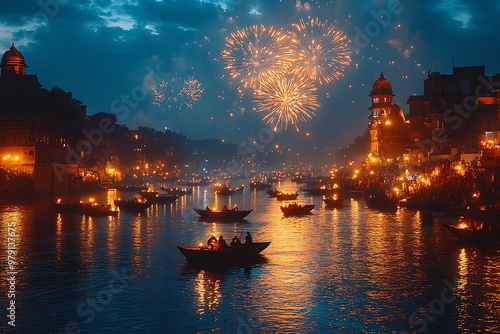 A vibrant nighttime celebration with fireworks and illuminated boats on a river. photo