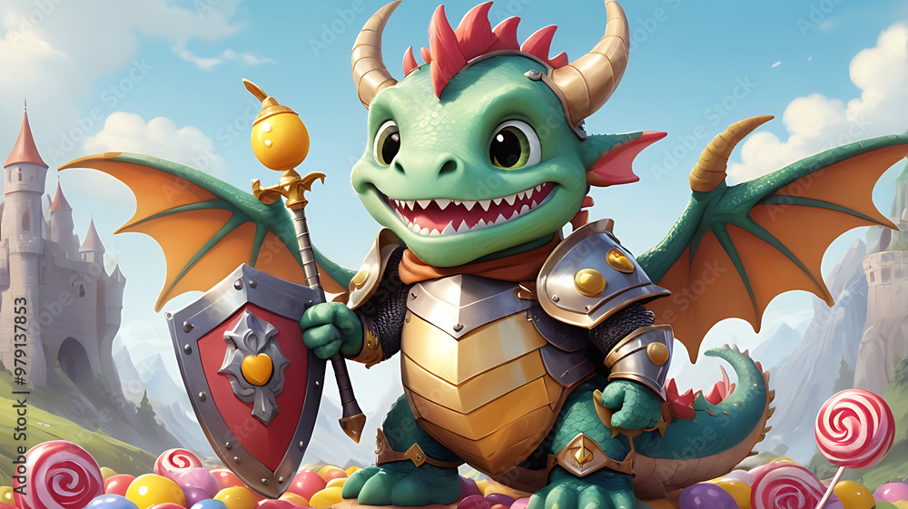 Naklejka premium A cute cartoon dragon dressed up as a knight, with tiny wings and a big toothy grin, holding a shield decorated with candy.