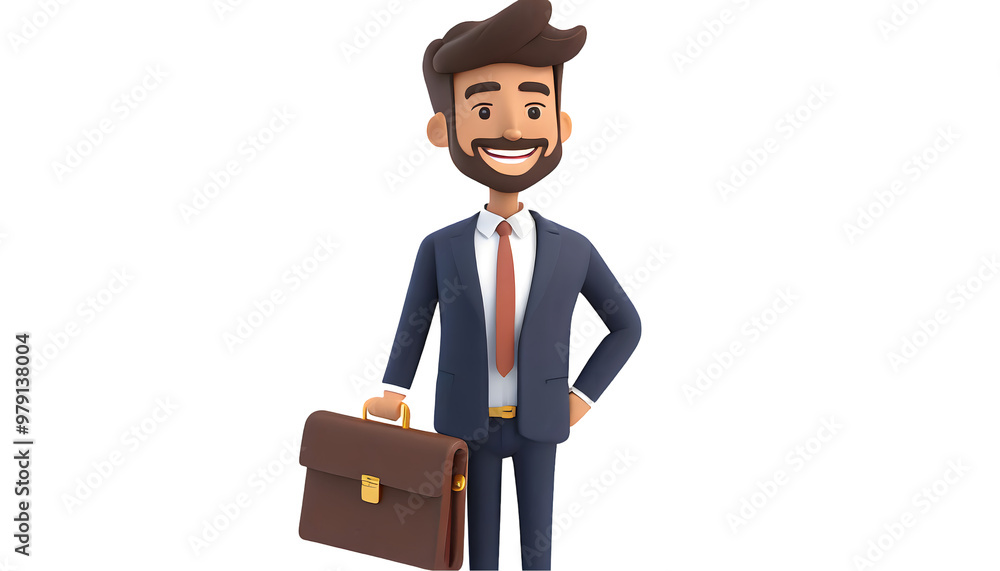 Smiling businessman in suit holding briefcase. Leader success, management concept. 3d vector. Generative AI. Smiling businessman in suit holding briefcase. Leader success, management concept. 3d vector. Generative AI.