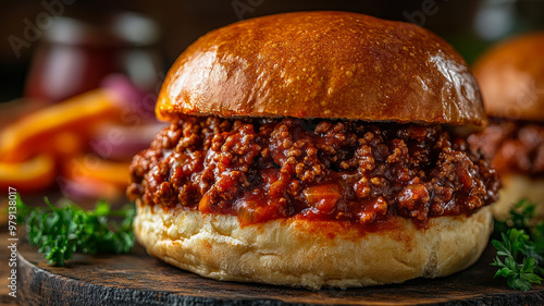 Close-up of a juicy sloppy joe sandwich with a meat filling in a bun photo