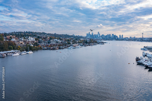 Aerial view of Lake Union with float plane and skyline, Seattle, United States. photo