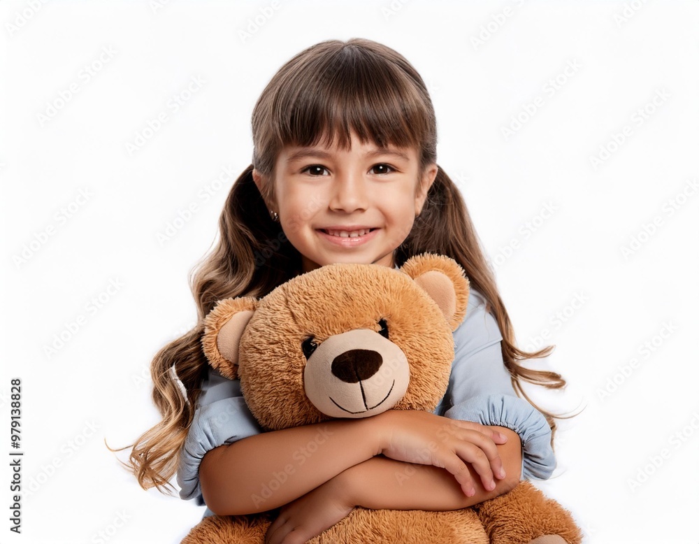Little Girl Holding a Teddy Bear with a Big Smile Isolated on White Background, Clipping Path, Full Depth of Field Little Girl Holding a Teddy Bear with a Big Smile Isolated on White Background, Clipping Path, Full Depth of Field