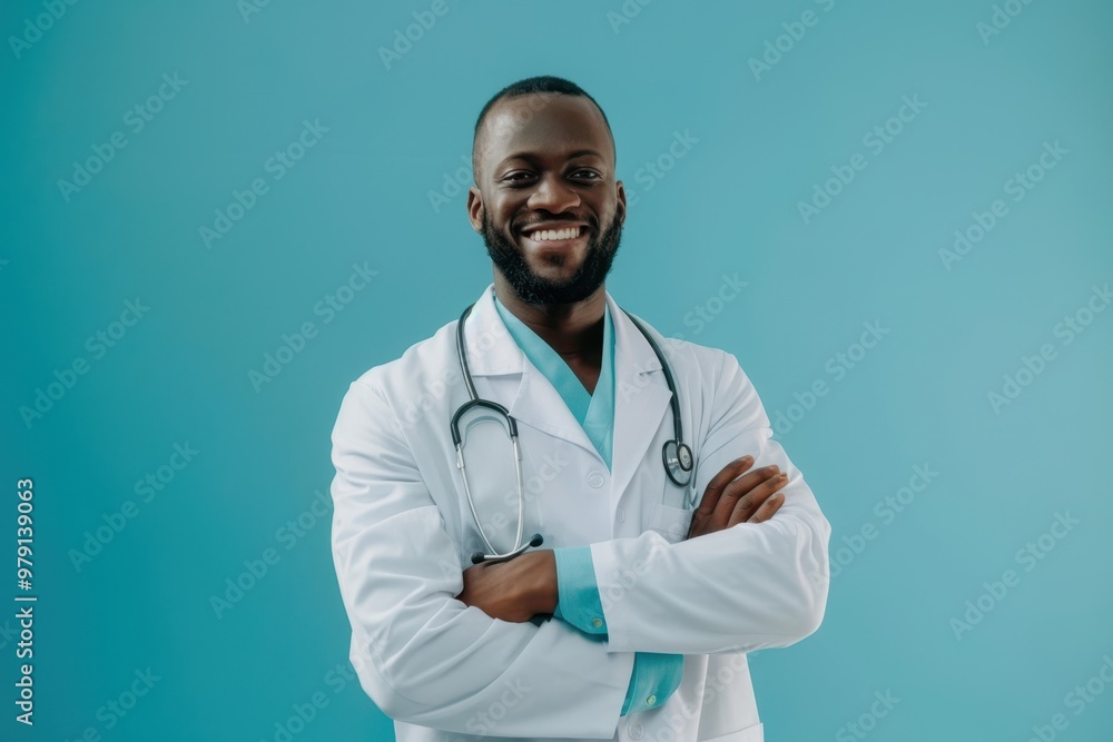 African american doctor with stethoscope and in white coat standing on turquoise background and smiling African american doctor with stethoscope and in white coat standing on turquoise background and smiling