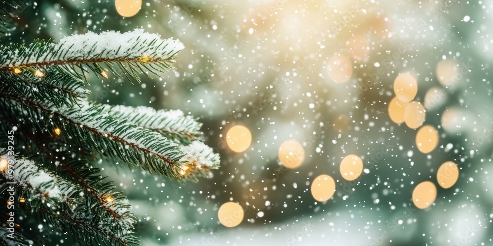 Pine tree branches with snow and bokeh lights in the background christmas outdoors nature. Pine tree branches with snow and bokeh lights in the background christmas outdoors nature.