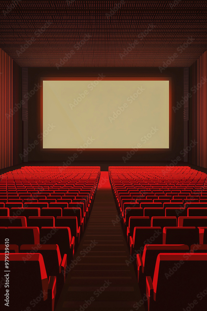 A movie theater with a large screen and red seats A movie theater with a large screen and red seats