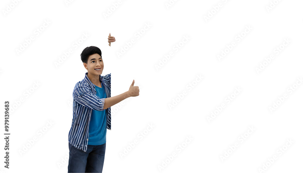 The 3D young man looking something outside with thump up. Curious Male Character Peeking. Generative AI. The 3D young man looking something outside with thump up. Curious Male Character Peeking. Generative AI.