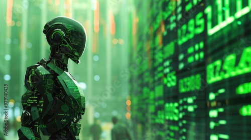 Futuristic Trading Robot in a Green-Tinted Financial Crisis