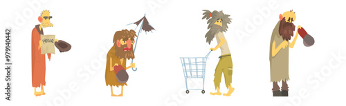 Homeless Bearded Man Beggar Characters in Rags Living on the Streets Vector Set