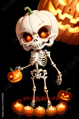 Chibi Skeleton Holding a Jack-o'-Lantern Full-Body Illustration photo