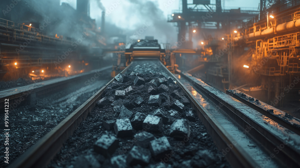 Coal on a conveyor belt in an industrial mining setting at night. Coal on a conveyor belt in an industrial mining setting at night.