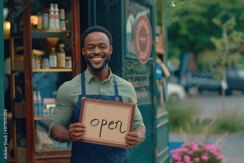 Cheerful Store Owner Holding Open Sign and Showcasing Window Display photo