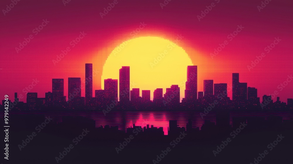 Sunset Cityscape with Pixelated Sun and Glitch Effect Sunset Cityscape with Pixelated Sun and Glitch Effect