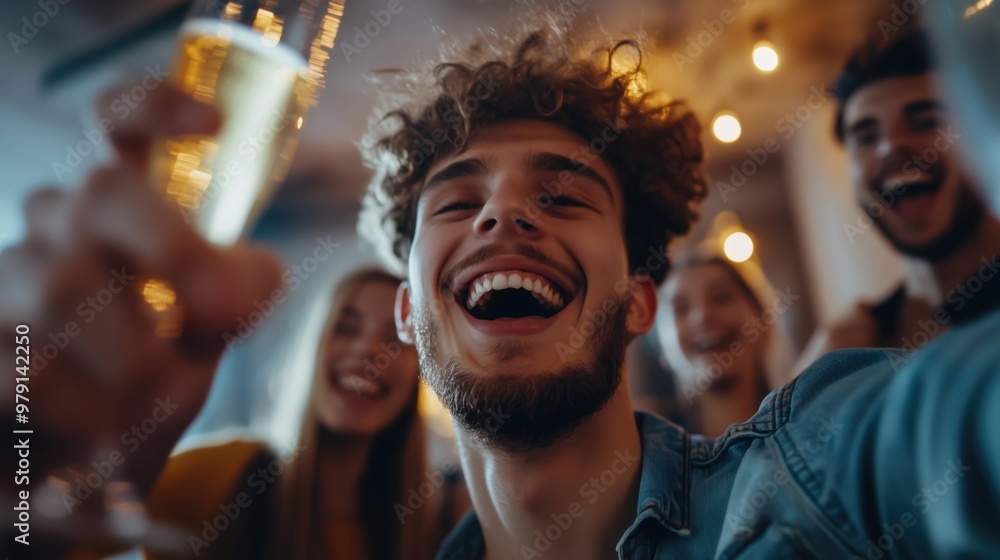 Obraz premium Diverse friends toasting with champagne at festive celebration