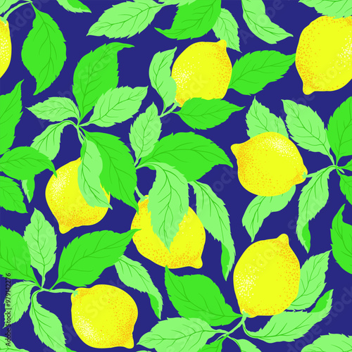 Lemon seamless citrus vector pattern on the black background. Hand drawn illustration with lemons.	
