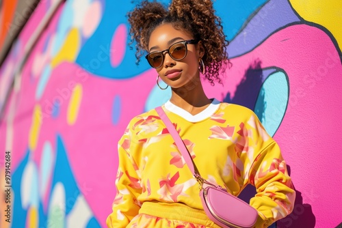 Gen Z person wearing bold print tracksuit and sunglasses outdoors photo