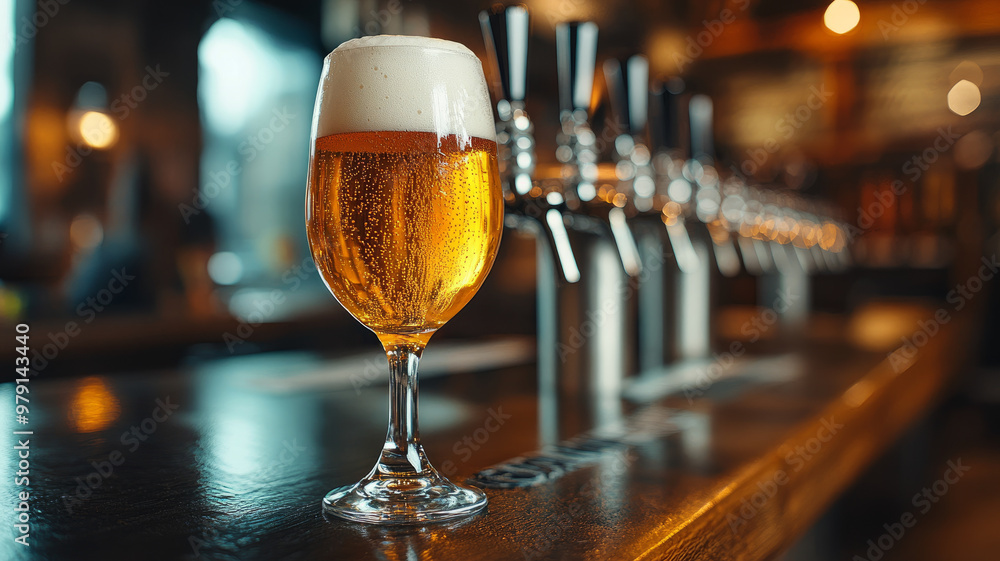 A glass of beer on a bar counter with taps in the background. A glass of beer on a bar counter with taps in the background.