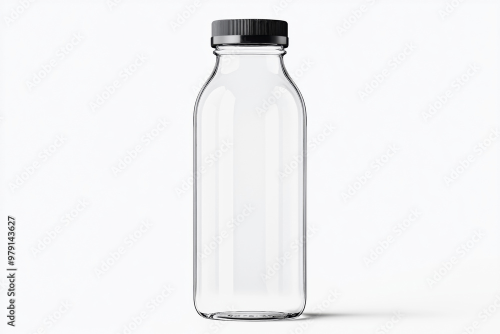 Clear glass bottle mockup with a black screw cap shown against a neutral background. Ideal for showcasing drink packaging designs, juice labels, or milk branding concepts. Clear glass bottle mockup with a black screw cap shown against a neutral background. Ideal for showcasing drink packaging designs, juice labels, or milk branding concepts.