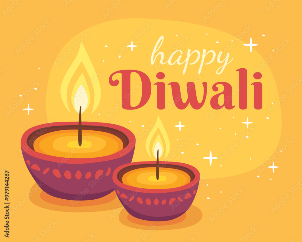 Happy Diwali. Diwali holiday. Card for Indian festival of lights. Two purple burning traditional candle or oil lamp on a yellow background. Vector illustration. Happy Diwali. Diwali holiday. Card for Indian festival of lights. Two purple burning traditional candle or oil lamp on a yellow background. Vector illustration.
