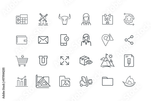 Bull, Business woman, Calendar, Flow data, set of icons for web design, vector illustration