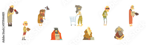 Homeless Bearded Man Beggar Characters in Rags Living on the Streets Vector Set