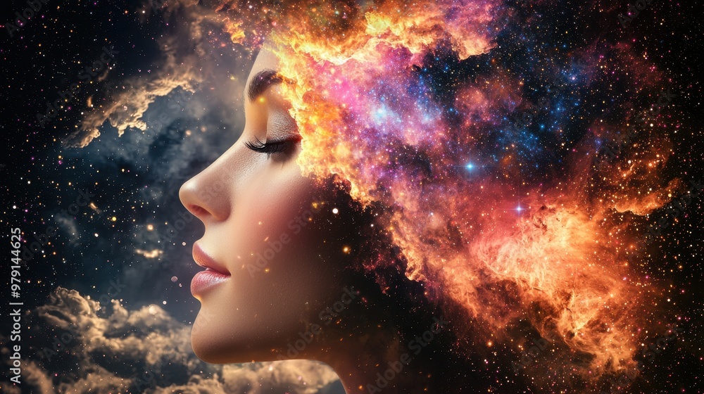 Woman s Face Transformed into a Cosmic Nebula with Stars and Galaxies Woman s Face Transformed into a Cosmic Nebula with Stars and Galaxies