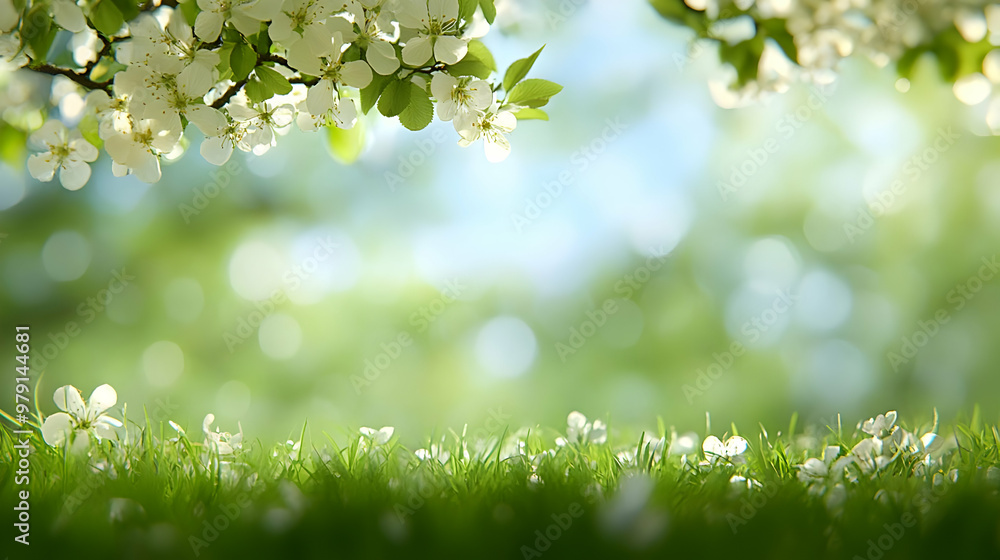White Blossoms on a Branch with Green Grass and a Blurred Background of a Sunny Meadow White Blossoms on a Branch with Green Grass and a Blurred Background of a Sunny Meadow