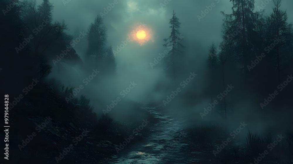 Fototapeta premium A Foggy Forest Path with a Glowing moon in the Distance.