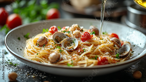 Spaghetti alle vongole served in a minimalist white bowl photo