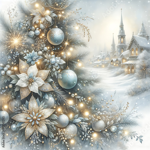 Magical Christmas blue gold winter composition with a Christmas tree in  snowy forest, golden garlands. New Year square postcard