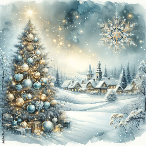 Magical Christmas blue gold winter composition with a Christmas tree in  snowy forest, golden garlands. New Year square postcard