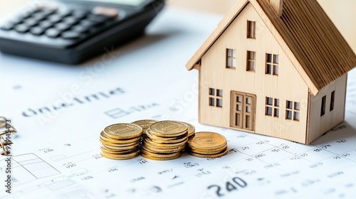 A wooden house model with coins and financial documents, symbolizing real estate investment and property management. photo