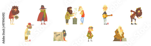 Homeless Bearded Man Beggar Characters in Rags Living on the Streets Vector Set