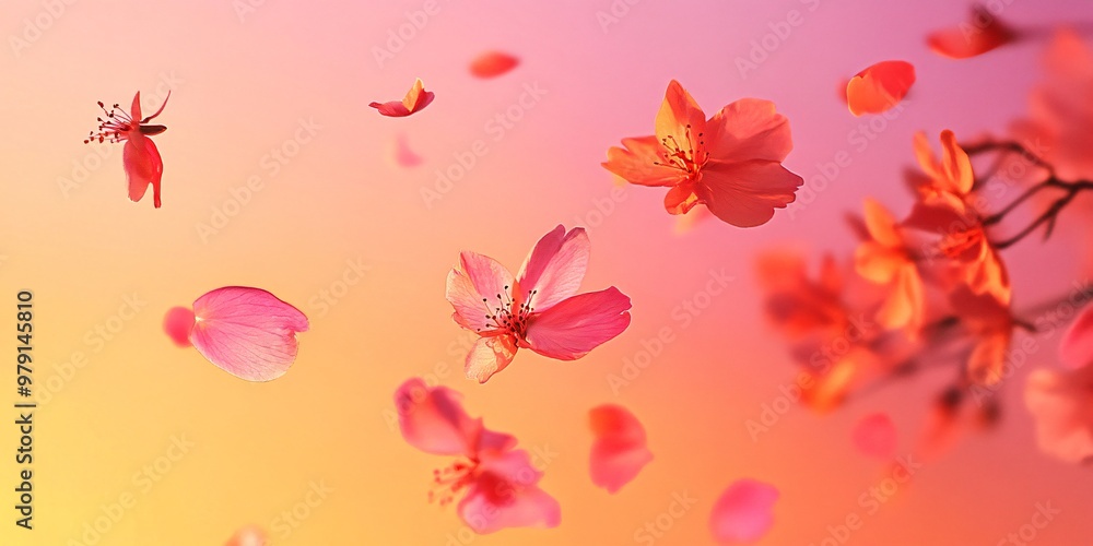 Obraz premium Pink flowers with petals floating on a soft orange and pink background.