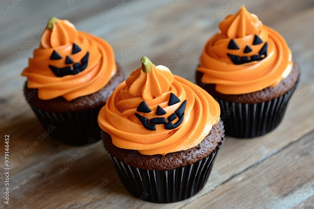Three pumpkin cupcakes with black faces and orange frosting Three pumpkin cupcakes with black faces and orange frosting
