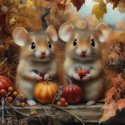 two cute harvest mice with tiny pumpkins