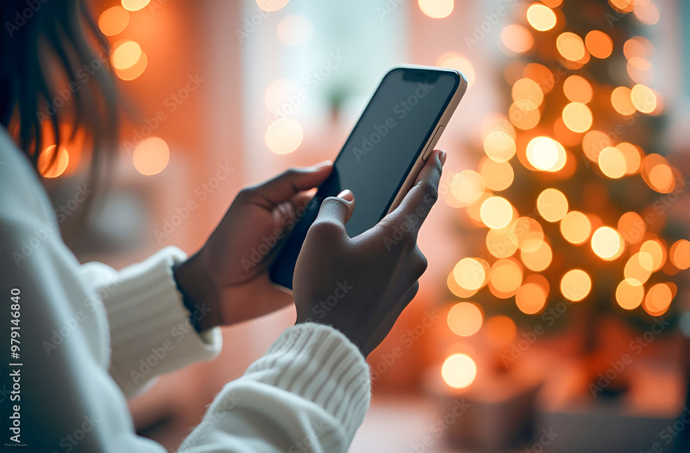 a phone in the hands of an African-American woman on a New Year's background, a woman in a white sweater. a phone in the hands of an African-American woman on a New Year's background, a woman in a white sweater.