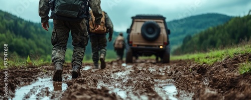 Adventure Off-Road Hikers Conquer Mud and Terrain on Remote Trail, Feeling the Thrill of the Journey photo