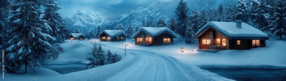 Fototapeta premium Cozy Cabins Nestled in a Winter Wonderland Snow-Covered Roofs and Scenic Forest Views at a Secluded Mountain Resort