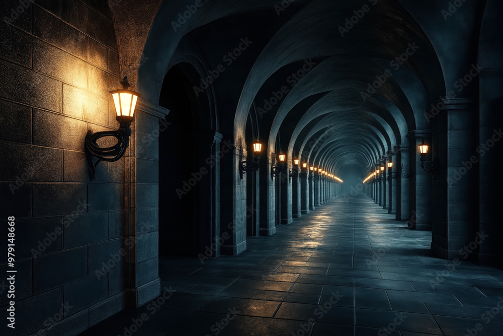 Fototapeta premium A long, mysterious corridor adorned with lanterns on the walls, featuring an infinite perspective created by continuous arches. The dim lighting adds a dramatic ambiance.