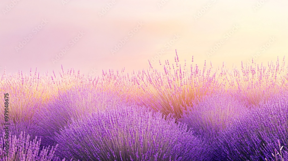 Naklejka premium Purple lavender field with pink and orange sunset sky.