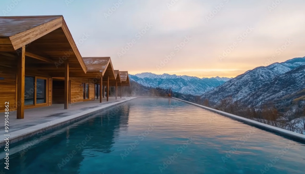 Fototapeta premium Escape the Winter Cold with a Relaxing Soak in Mountain Hot Springs, Luxury Cabins, Stunning Views, and a Serene Getaway Await
