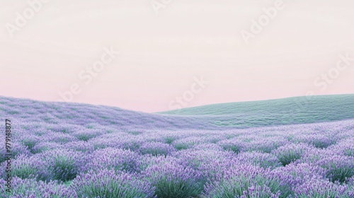 Purple lavender field under a soft, pink sky.