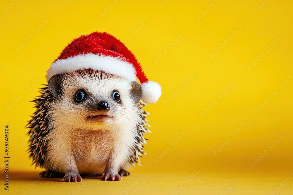 A small hedgehog wearing a red Santa hat on yellow background A small hedgehog wearing a red Santa hat on yellow background