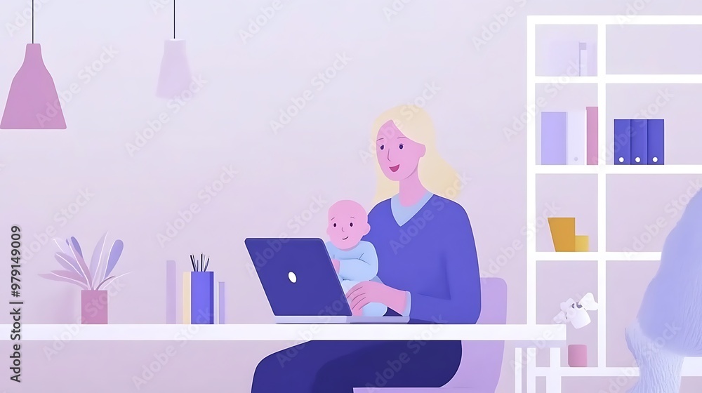 Mother multitasking with a laptop and baby in a sleek home office, highlighting work-life balance. Mother multitasking with a laptop and baby in a sleek home office, highlighting work-life balance.